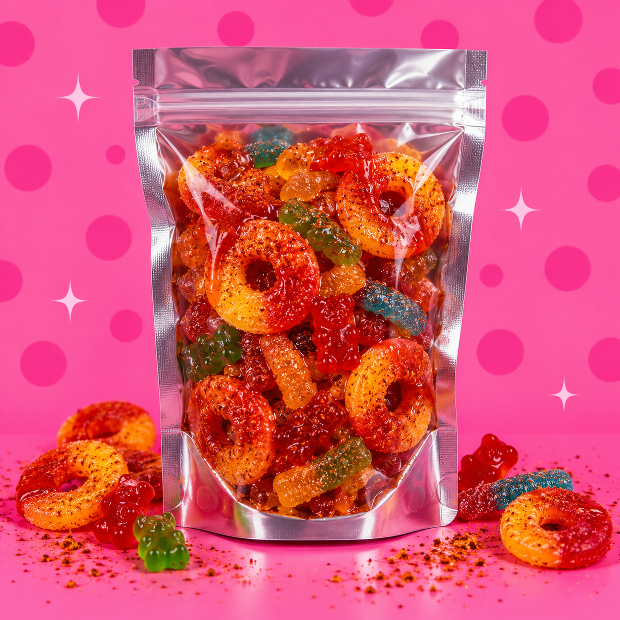 A clear bag filled with colorful chamoy candy